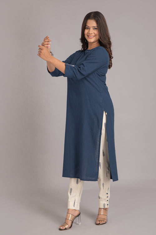 Embroidered Straight Kurti with Printed Trouser