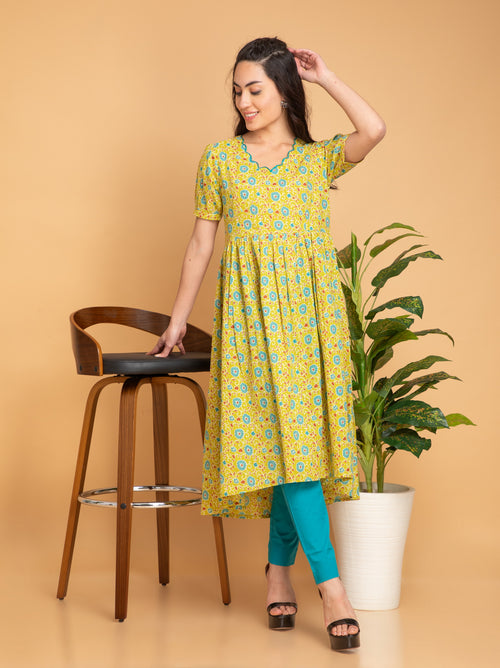 Mul Cotton Floral Printed High-Low 2 Pc Kurta Set