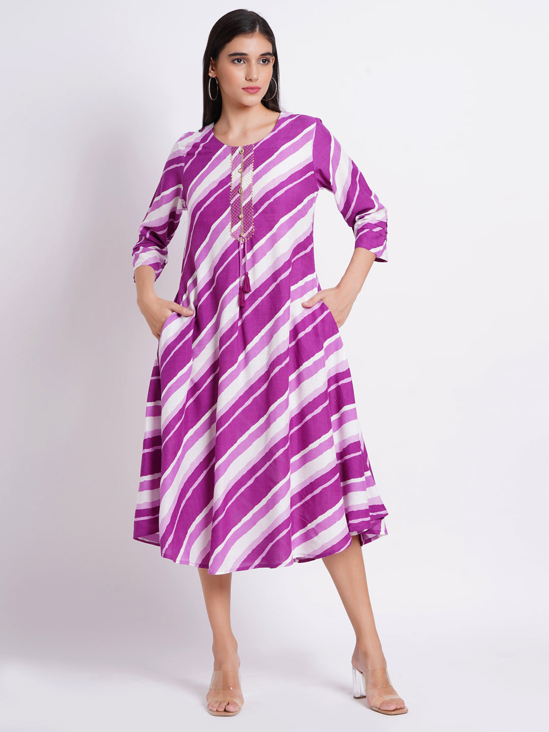 Lehariya Print Flared Kurti Dress with Hand Embellished Zari Placket