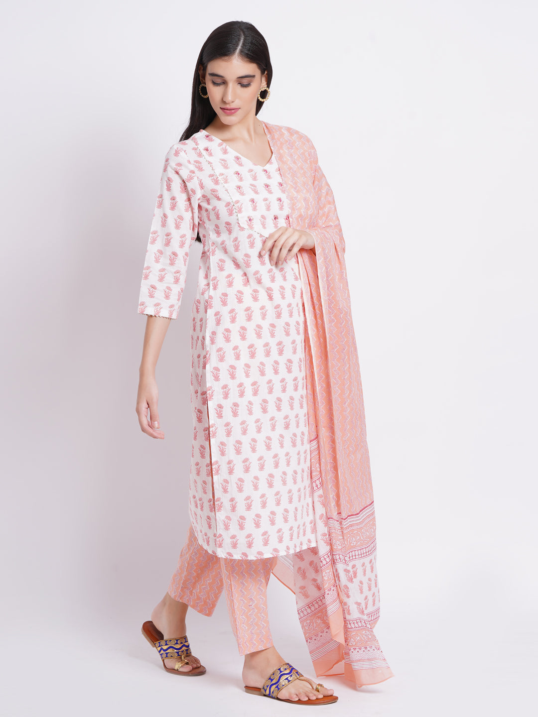 Hand Printed 3-Piece Kurta Set with Sequined Mirror Work