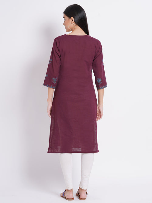 Cotton Slub Embroidered Long Kurti