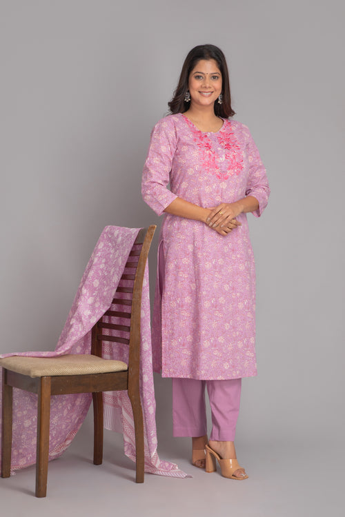 Mul Cotton 3-Piece Kurta Set with Beautiful Embroidery