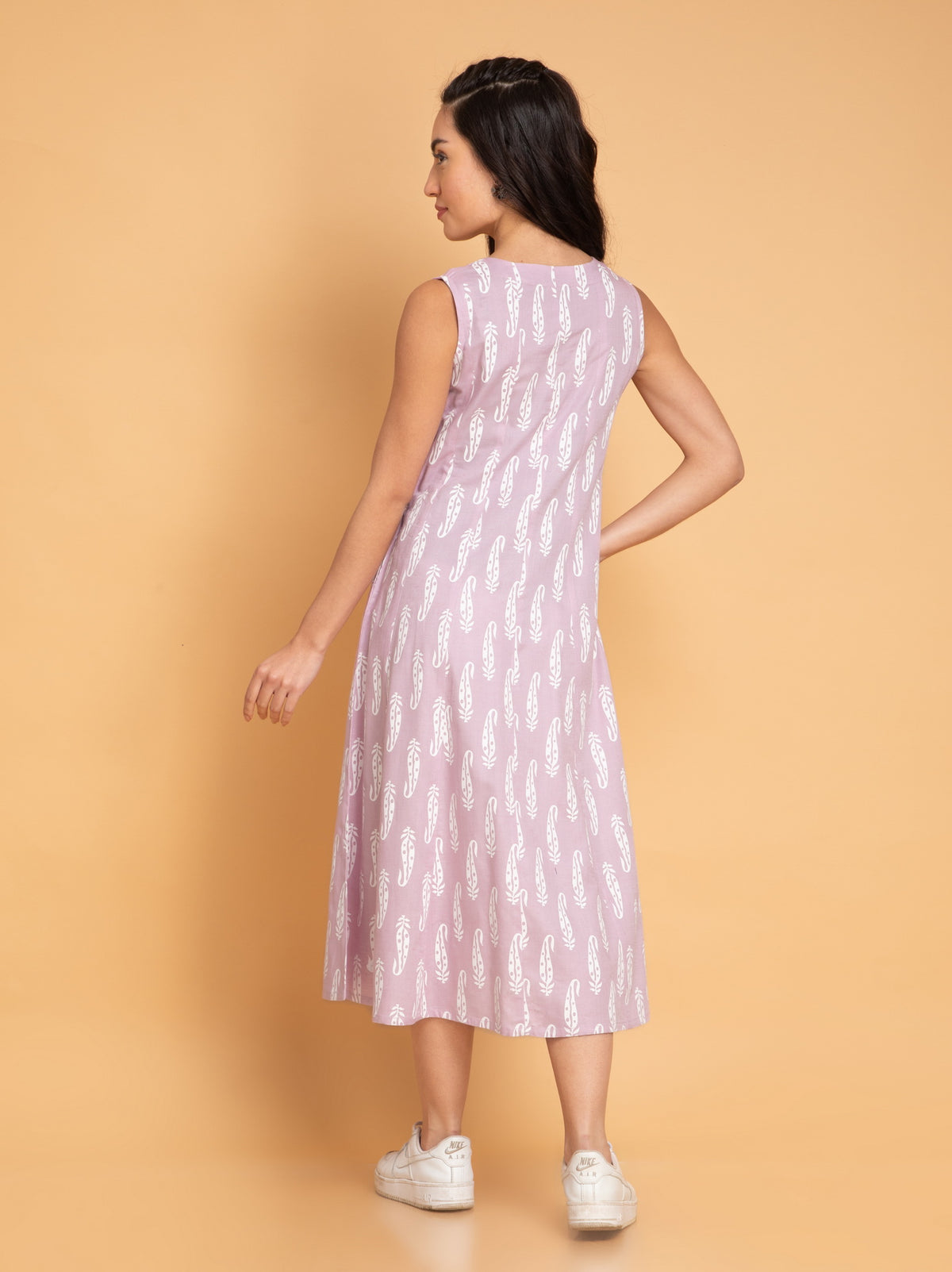 PRINTED KALIDAR LONG DRESS EMBELLISHED WITH BUTTON DETAILS