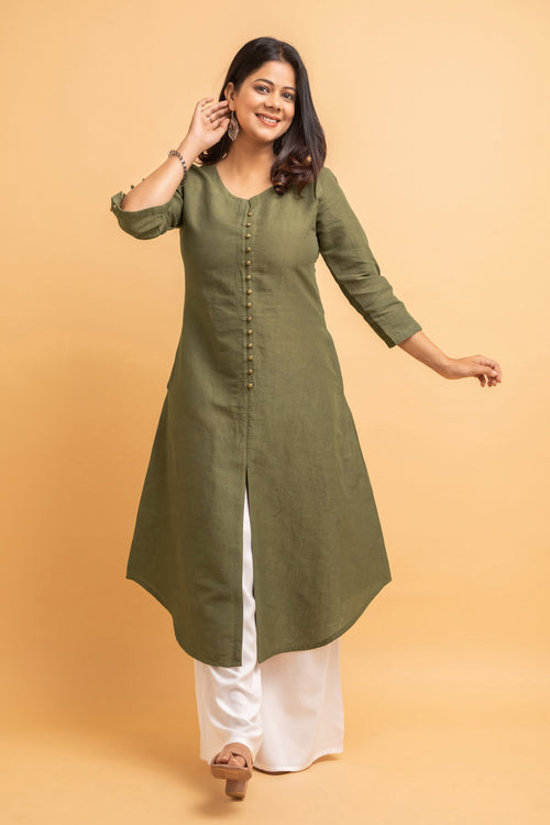 Cotton Linen Long Kurti with Button Detail