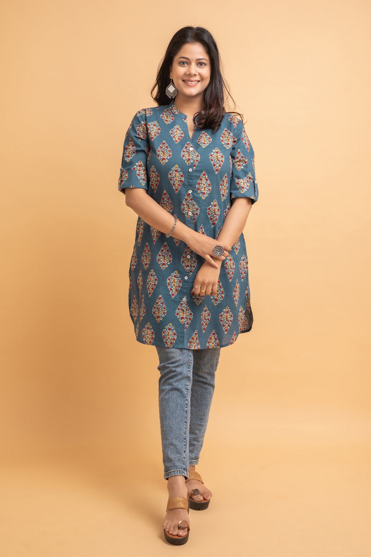 Cotton Ajrak Printed Short Kurti