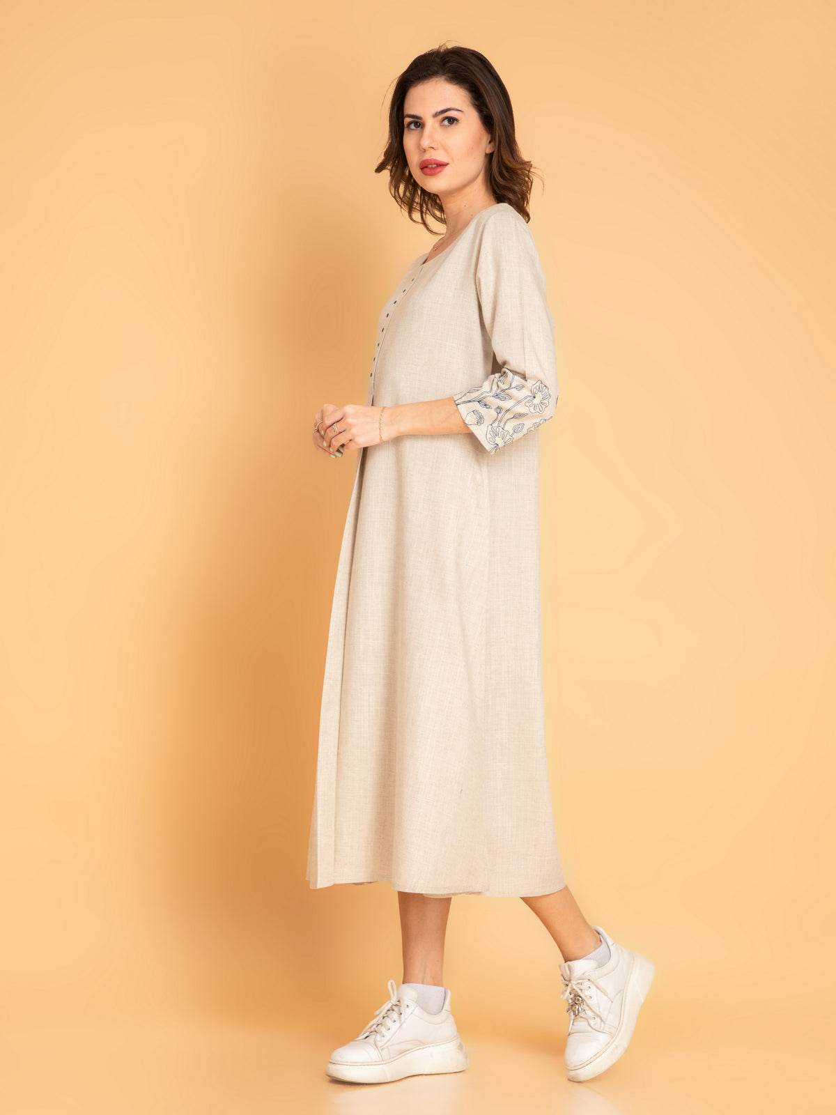 Suti Women Rayon Linen Dress Tunic with Embroidered Sleeves