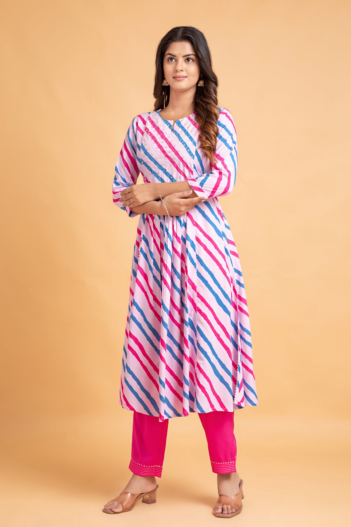 Lehariya Printed Flared Long Kurti with Pant