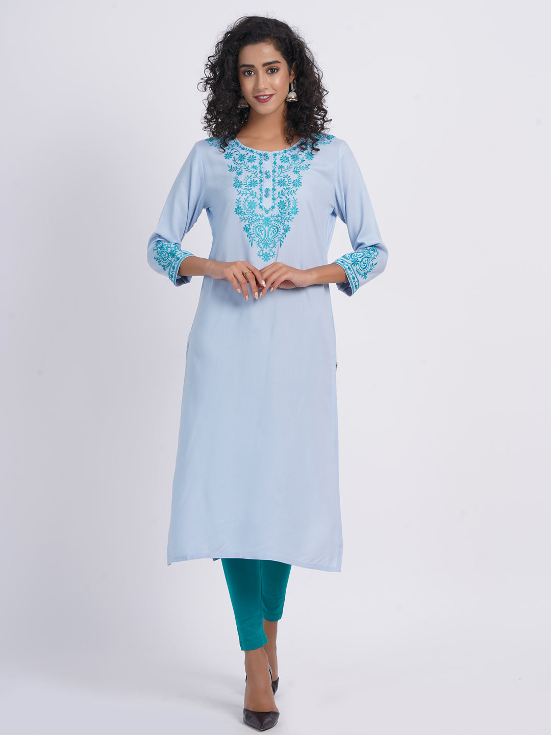 Chikankari Embroidered Rayon Long Kurti with Craft Buttons