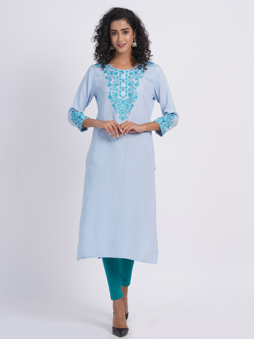 Chikankari Embroidered Rayon Long Kurti with Craft Buttons