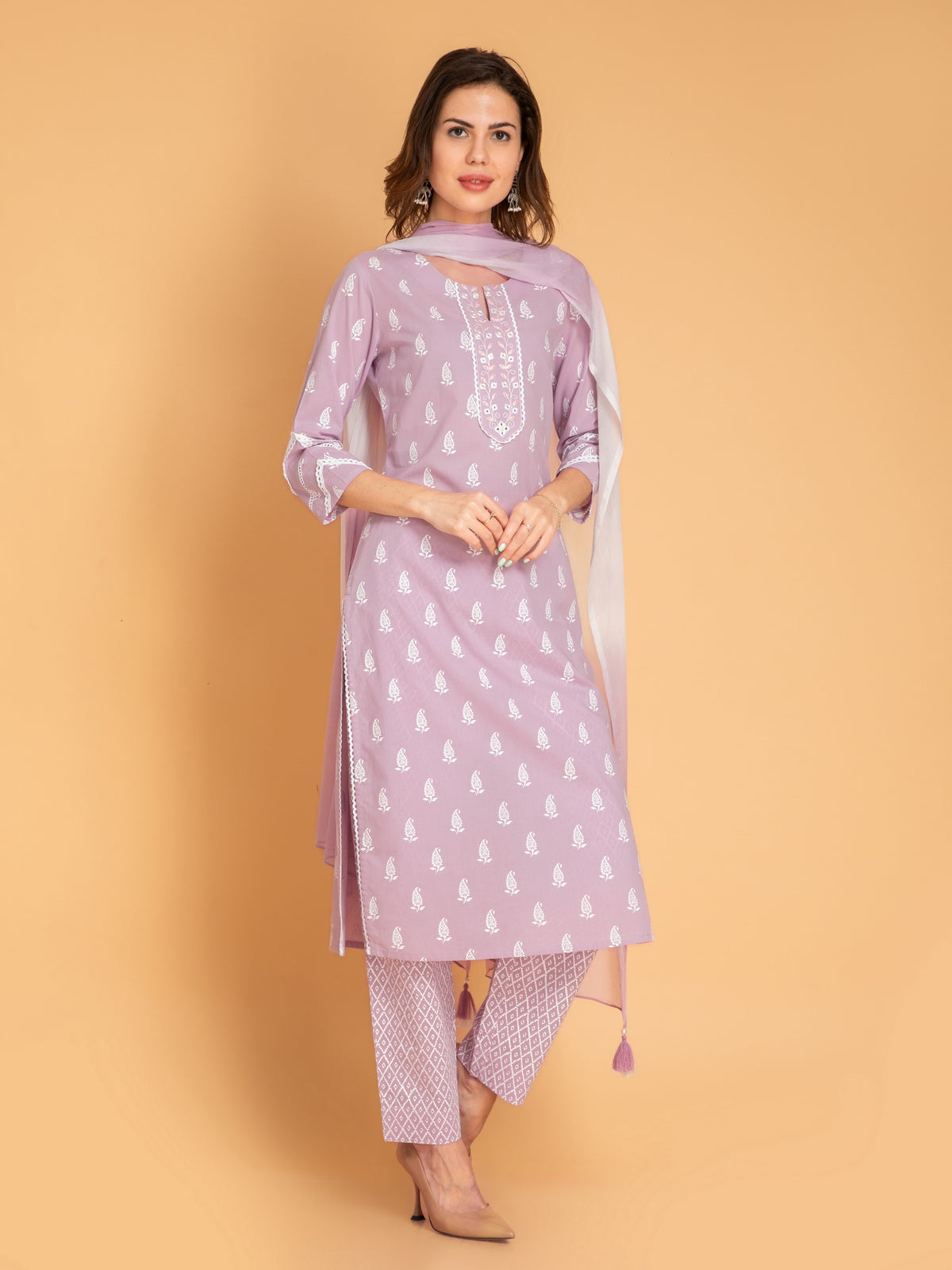 MUL COTTON PRINTED 3PCS. KURTA PANT SET EMBELLISHED WITH EMBROIDERY AND LACE DETAILS.