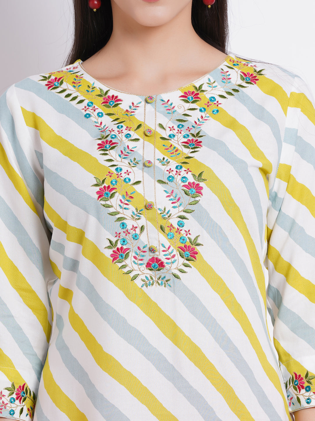 EMBROIDERED LEHARIYA KURTI EMBELISHED WITH CRAFT BUTTONS