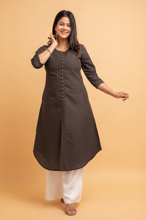 Cotton Linen Long Kurti with Button Detail