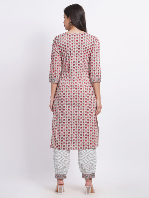 MUL COTTON PRINTED KURTA WITH LANTERN PANT SET EMBELLISHED WITH KANTHA DETAIL.