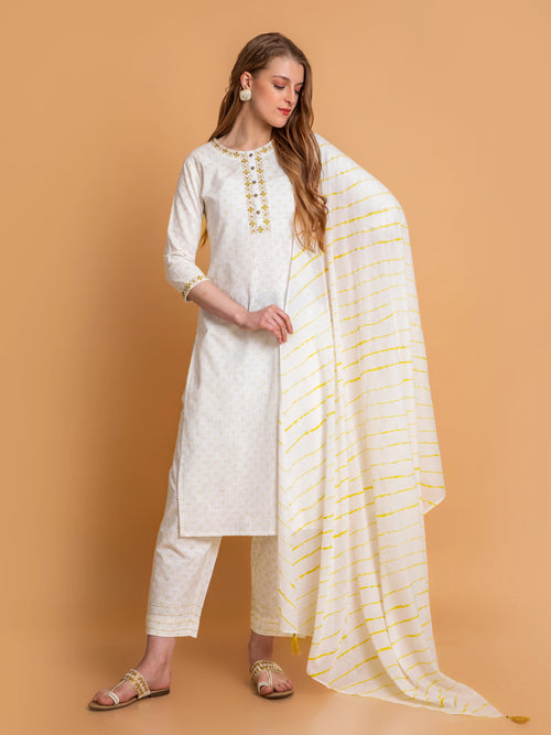 PARTY WEAR EMBROIDERED KURTA SET PAIRED WITH LEHARIYA DUPATTA