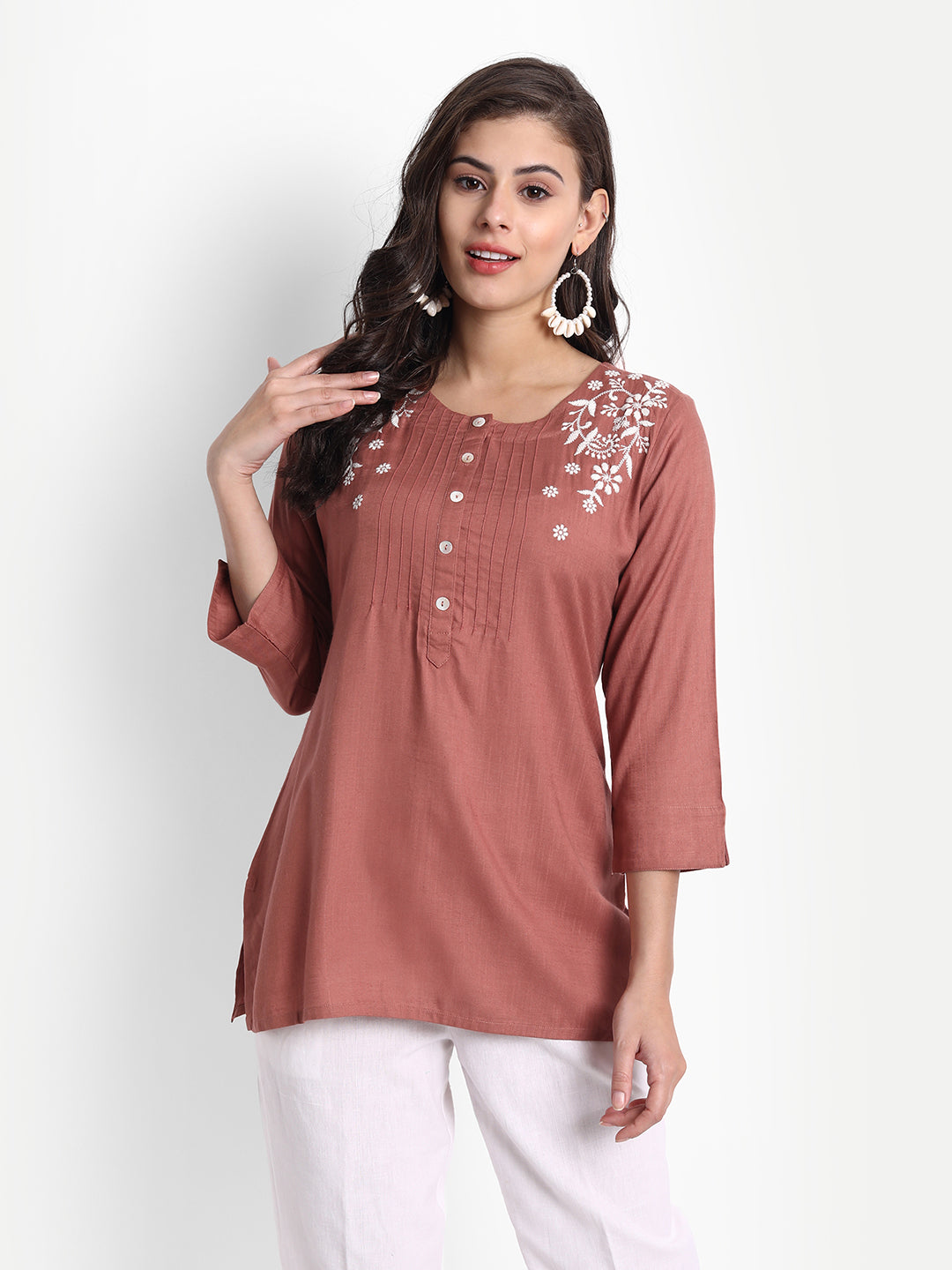 Rayon Embroidered Top With Pintuck Detail