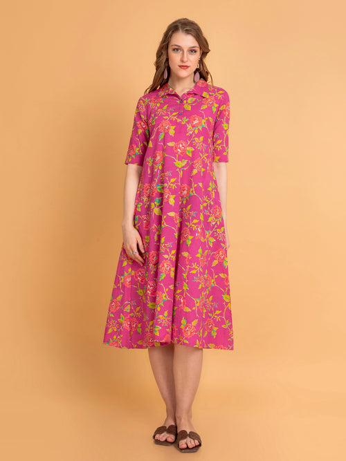 Mul Cotton Floral Print Flared Long Dress