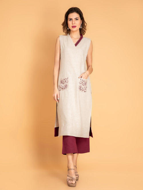 Suti Women Rayon Linen Long  Sleeveless Kurti With Crafted Pocket