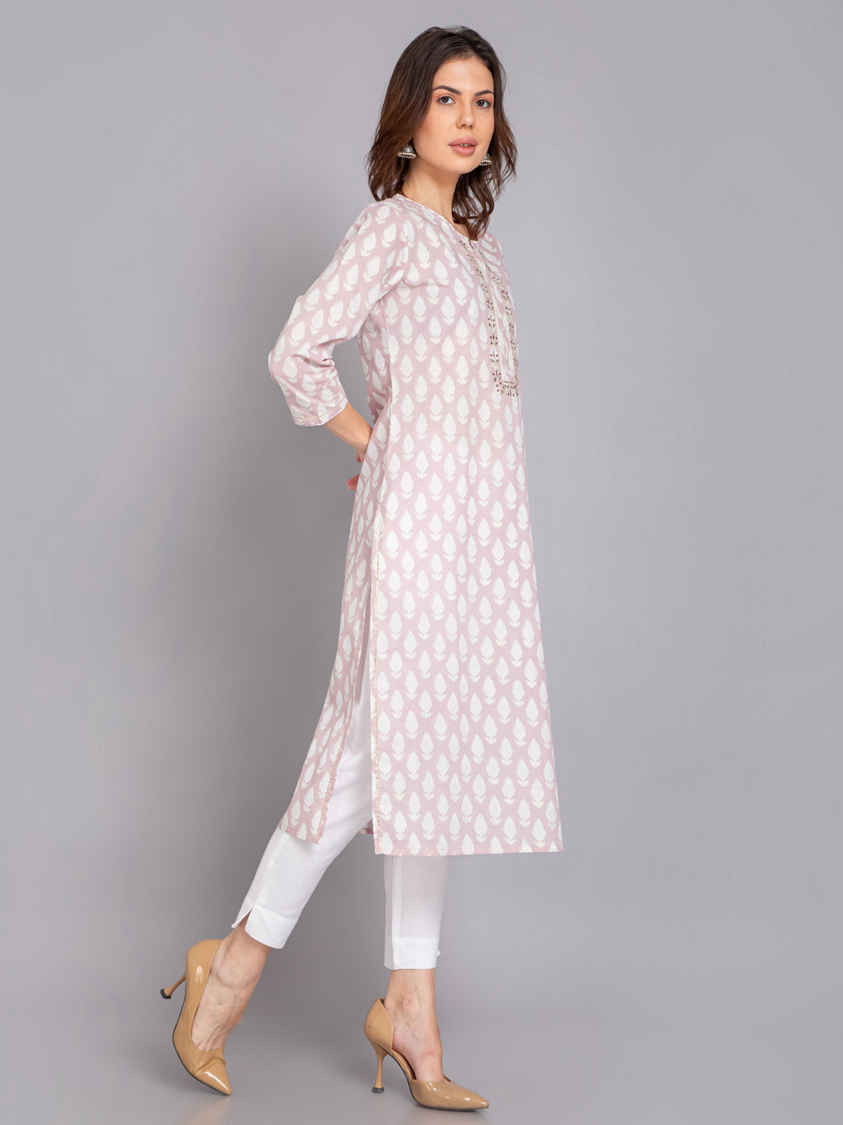 MUL-COTTON PRINTED KURTI WITH GOTA EMBROIDERY & LACE WITH EMBELLISHED DETAILS