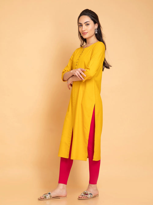 Linen Blend Long Kurti with Metal Buttons