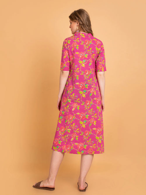 Mul Cotton Floral Print Flared Long Dress