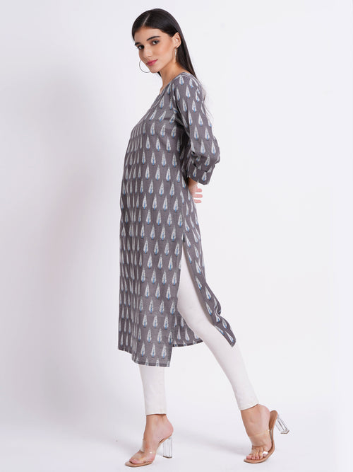 Rayon Linen Printed Boat Neck Kurti with Handwork Details