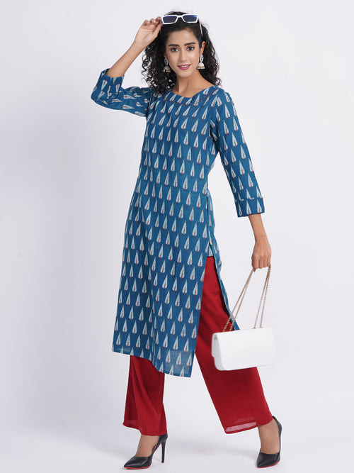 Rayon Linen Printed Boat Neck Kurti with Handwork Details