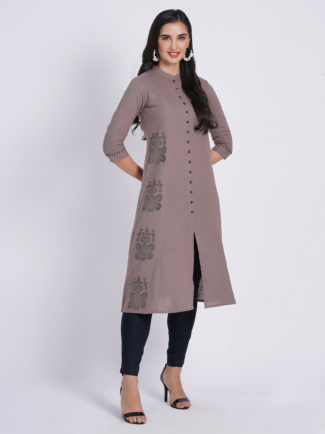 Hand Block Printed A-Line Kurti with Metal Buttons