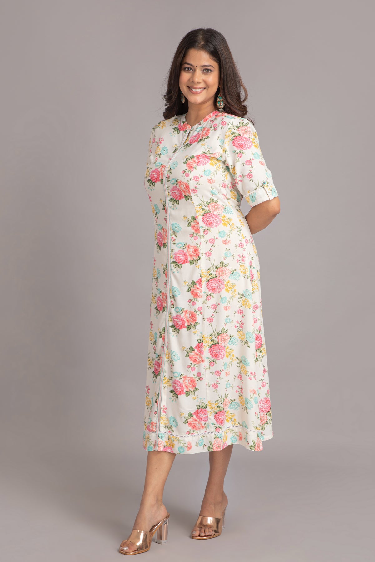 White Floral Printed Long Kurti