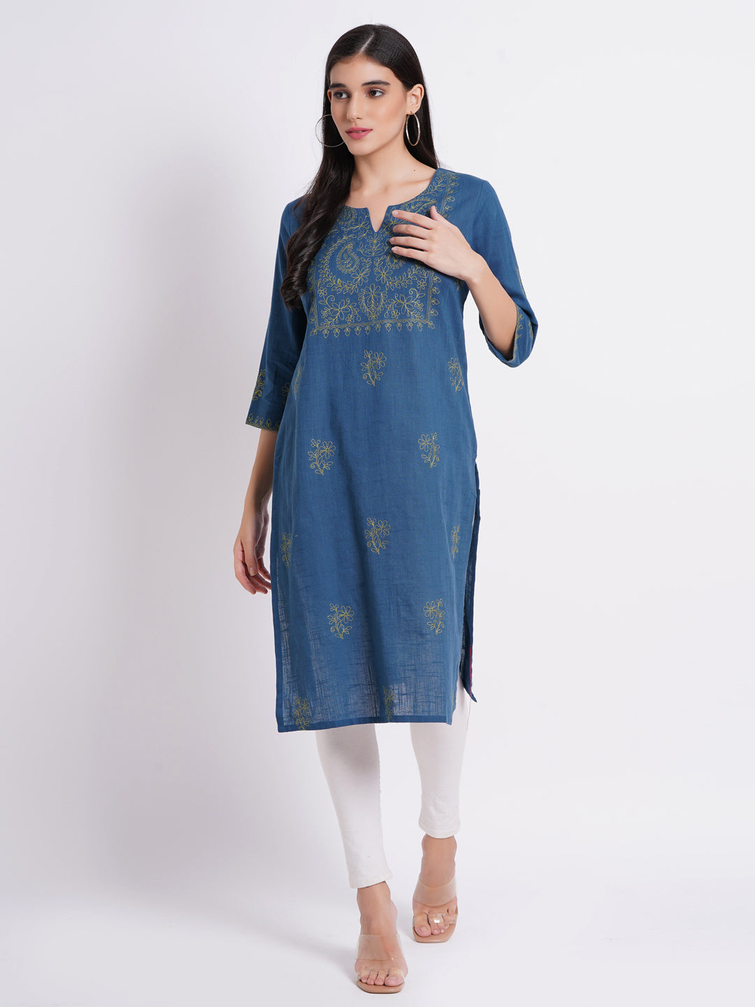 Cotton Slub Embroidered Long Kurti