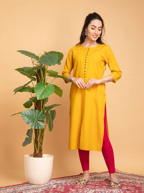 Linen Blend Long Kurti with Metal Buttons