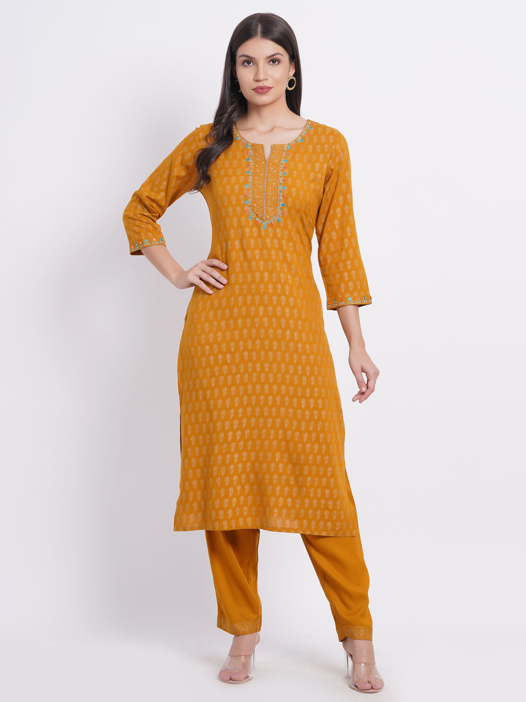 Gold Print Kurti with Handcrafted Embellishments