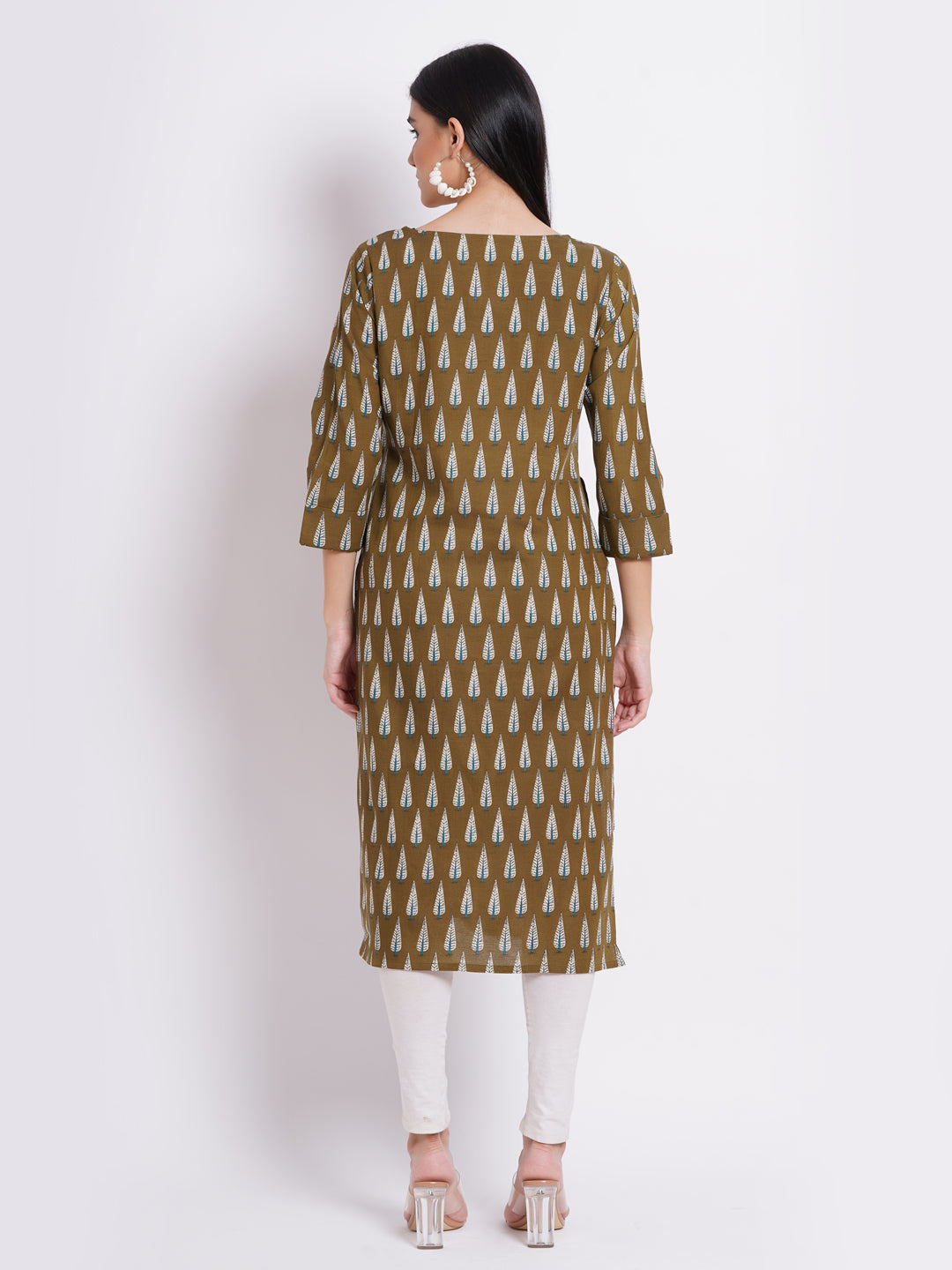 Rayon Linen Printed Boat Neck Kurti with Handwork Details