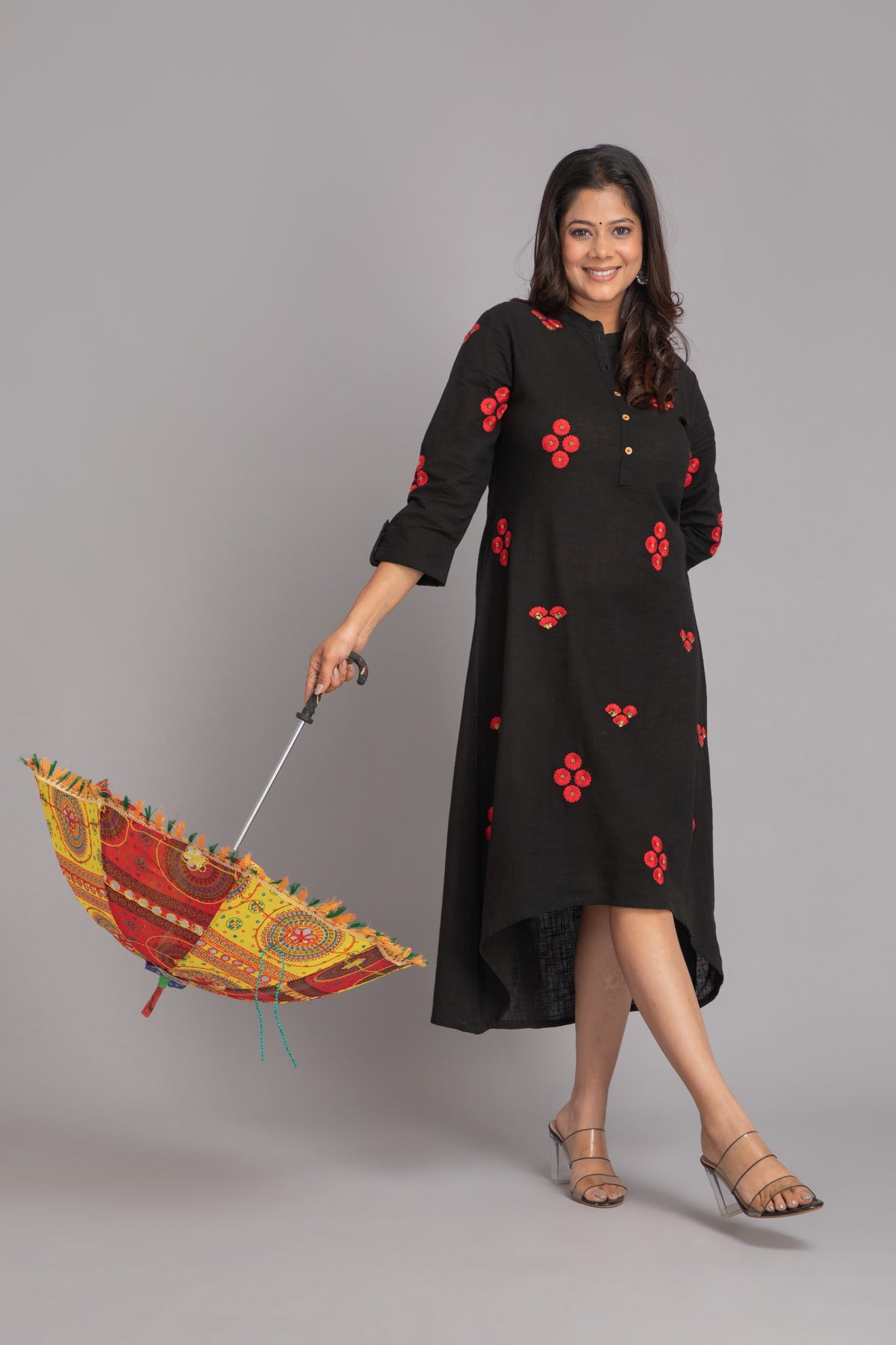 Cotton Slub Embroidered High-Low Long Kurti