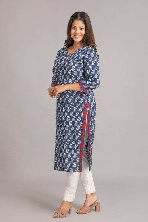 Mul Cotton Printed Long Kurti with Kantha Work