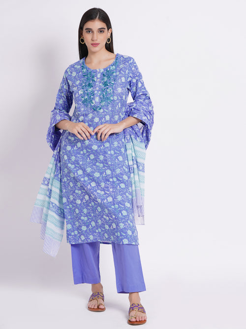 Mul Cotton 3-Piece Kurta Set with Beautiful Embroidery