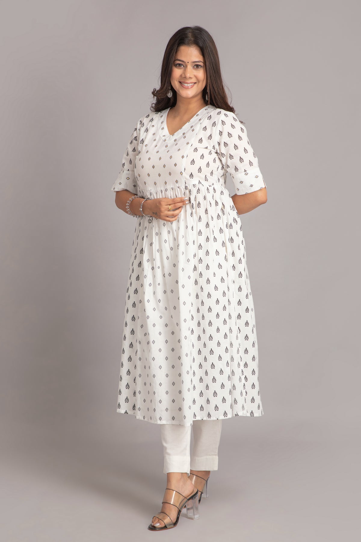 Mul Cotton Printed Flared Long Kurti with Sequin Detail