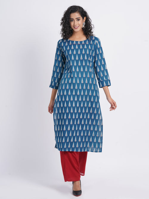 Rayon Linen Printed Boat Neck Kurti with Handwork Details