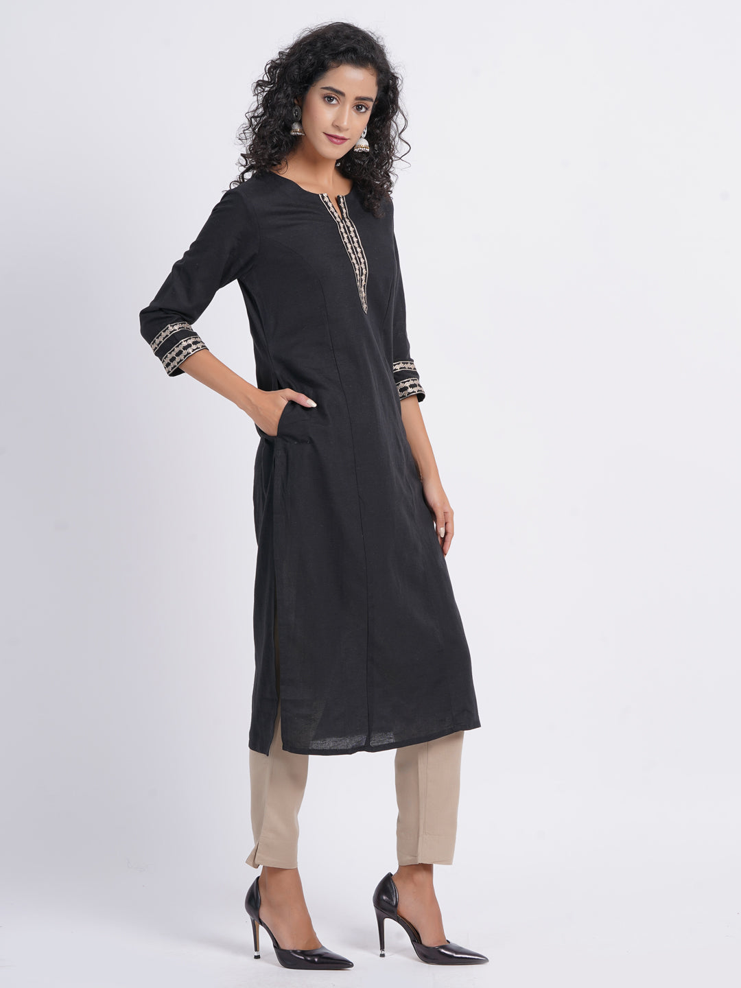 Rayon Linen Blend Princess Kali Kurti with Contrast Embroidery