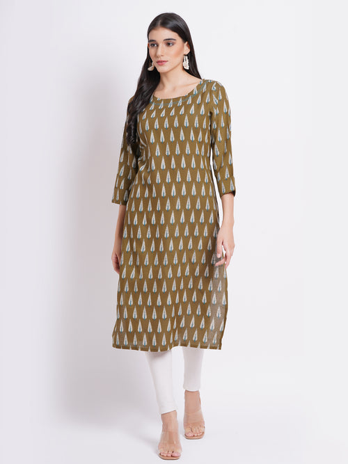 Rayon Linen Printed Boat Neck Kurti with Handwork Details