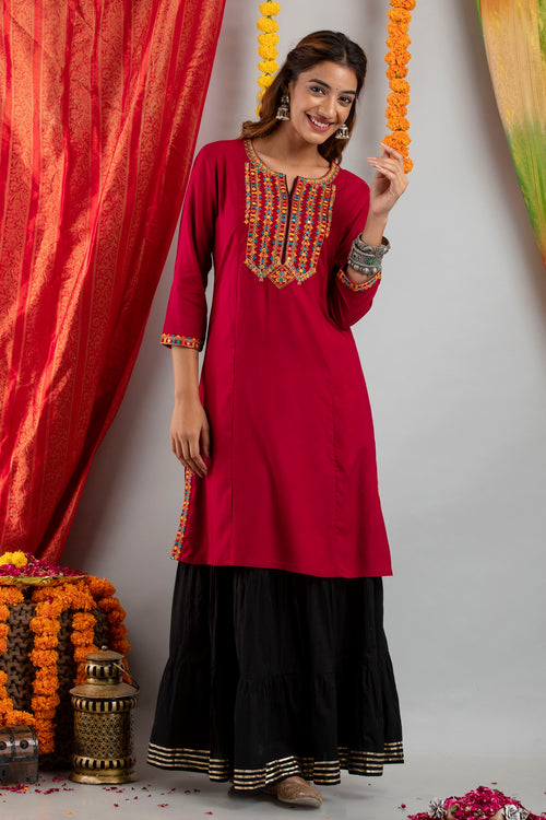 MULTICOLOUR MIRROR EMBROIDERED LONG KURTI