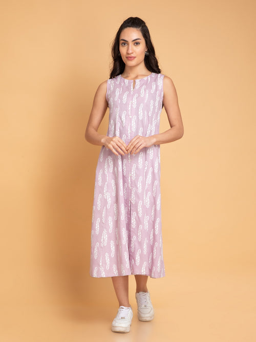 PRINTED KALIDAR LONG DRESS EMBELLISHED WITH BUTTON DETAILS