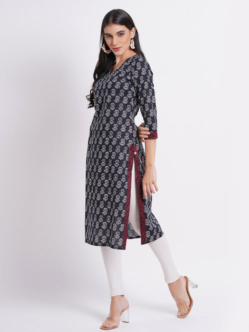 Mul Cotton Printed Long Kurti with Kantha Work