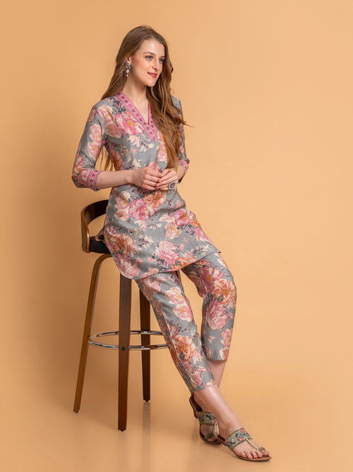 Floral Printed Co-ord Set with Embroidery Detail