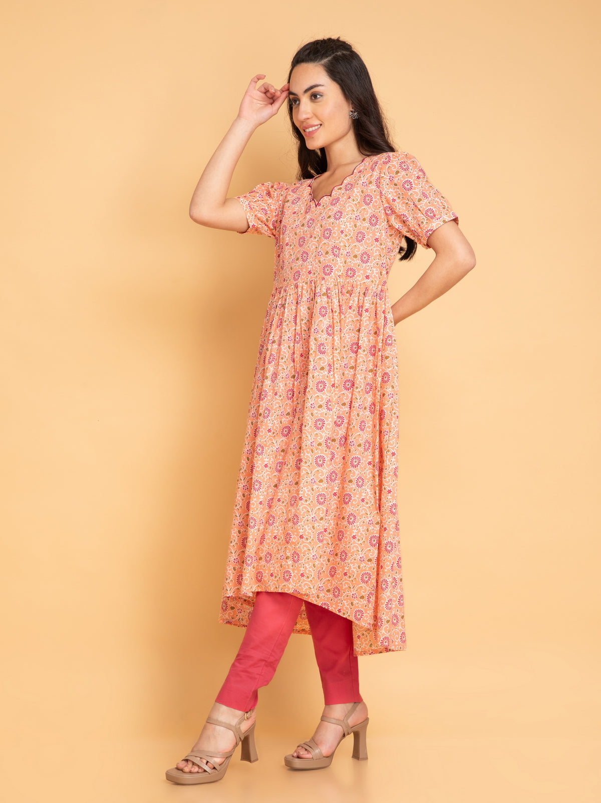 Mul Cotton Floral Printed High-Low 2 Pc Kurta Set