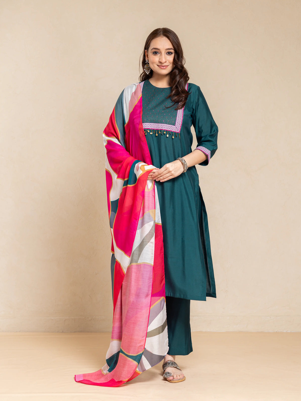 SILK BASE 3PC KURTA SET WITH SEQUENCE DETAIL PAIRED WITH DIGITAL PRINTED FLORAL DUPATTA
