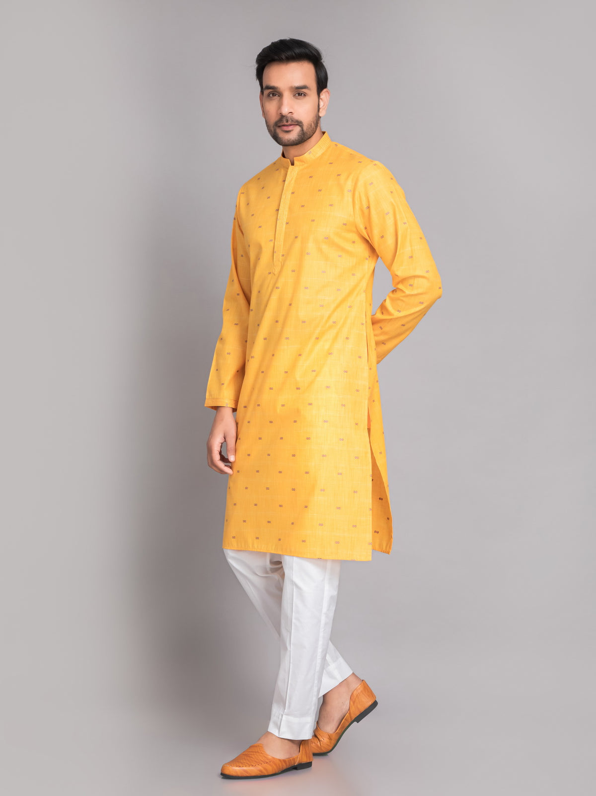 SUTI MEN'S GOLDEN YELLOW CHAMBRY JACQUARD NECKLINE EMBROIDERED LONG KURTA