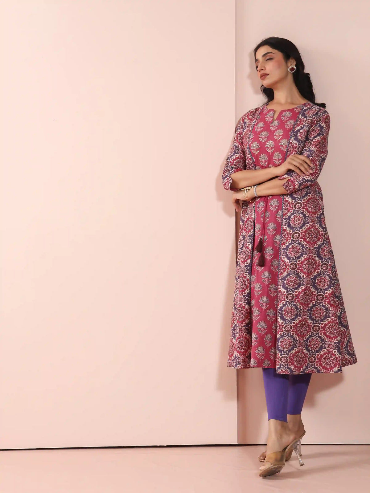 MUL COTTON AJRAK PRINTED SHRUG LOOK KURTI EMBELLISHED WITH ADDA WORK CRAFT