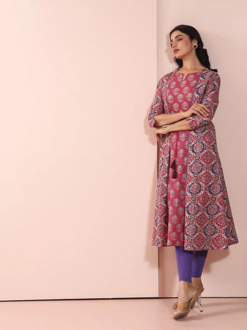 MUL COTTON AJRAK PRINTED SHRUG LOOK KURTI EMBELLISHED WITH ADDA WORK CRAFT