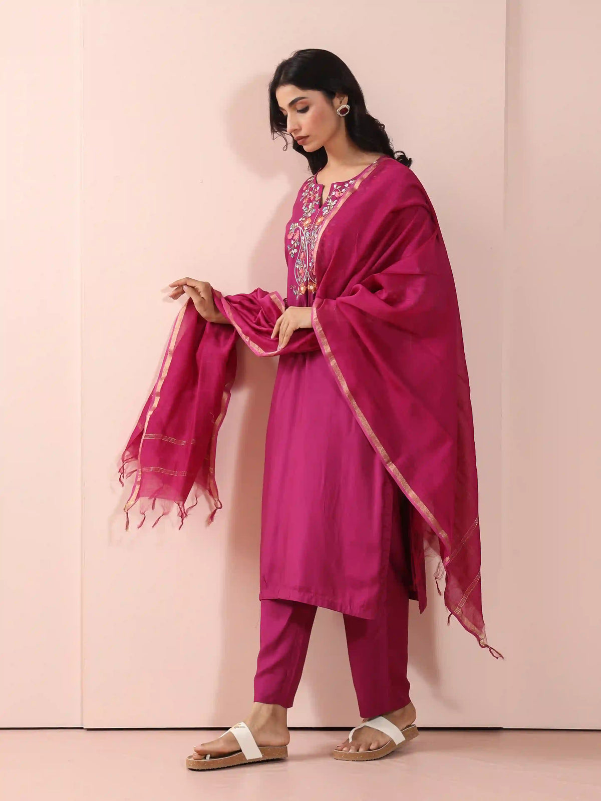 Muslin Silk 3PCS Kurta Pant Set with Embroidery