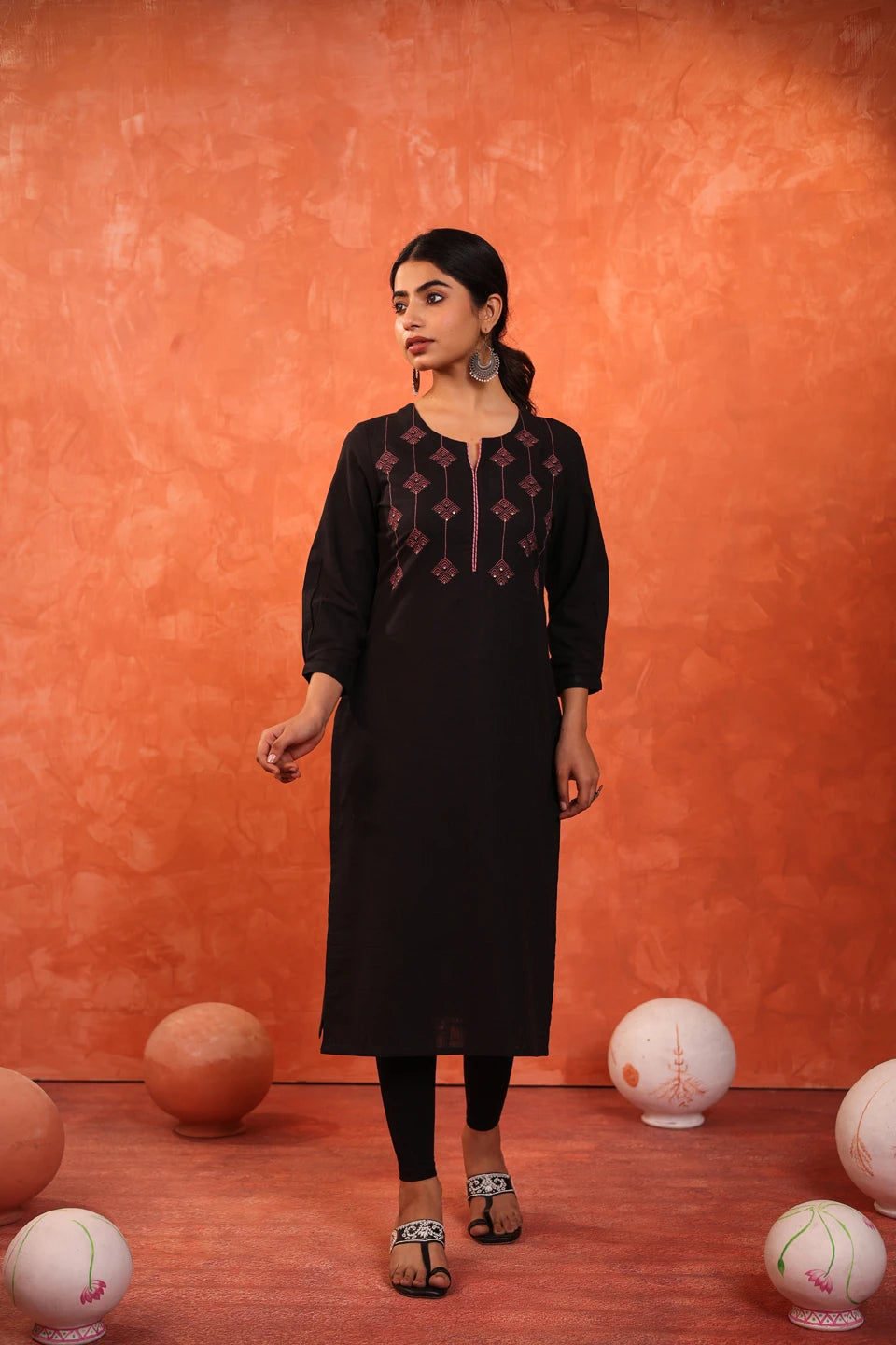 COTTON SLUB EMBROIDERED KURTI WITH SEQUENCE HIGHLIGHT